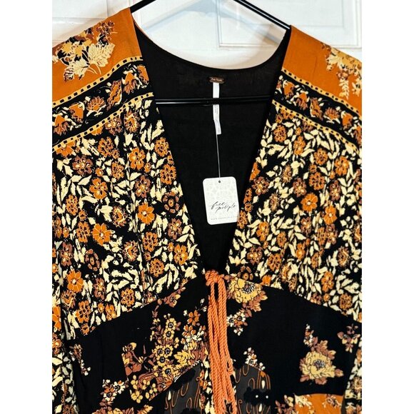 New Free People Floral Boho Dress Long Sleeve Size S Black Orange - Picture 2 of 5